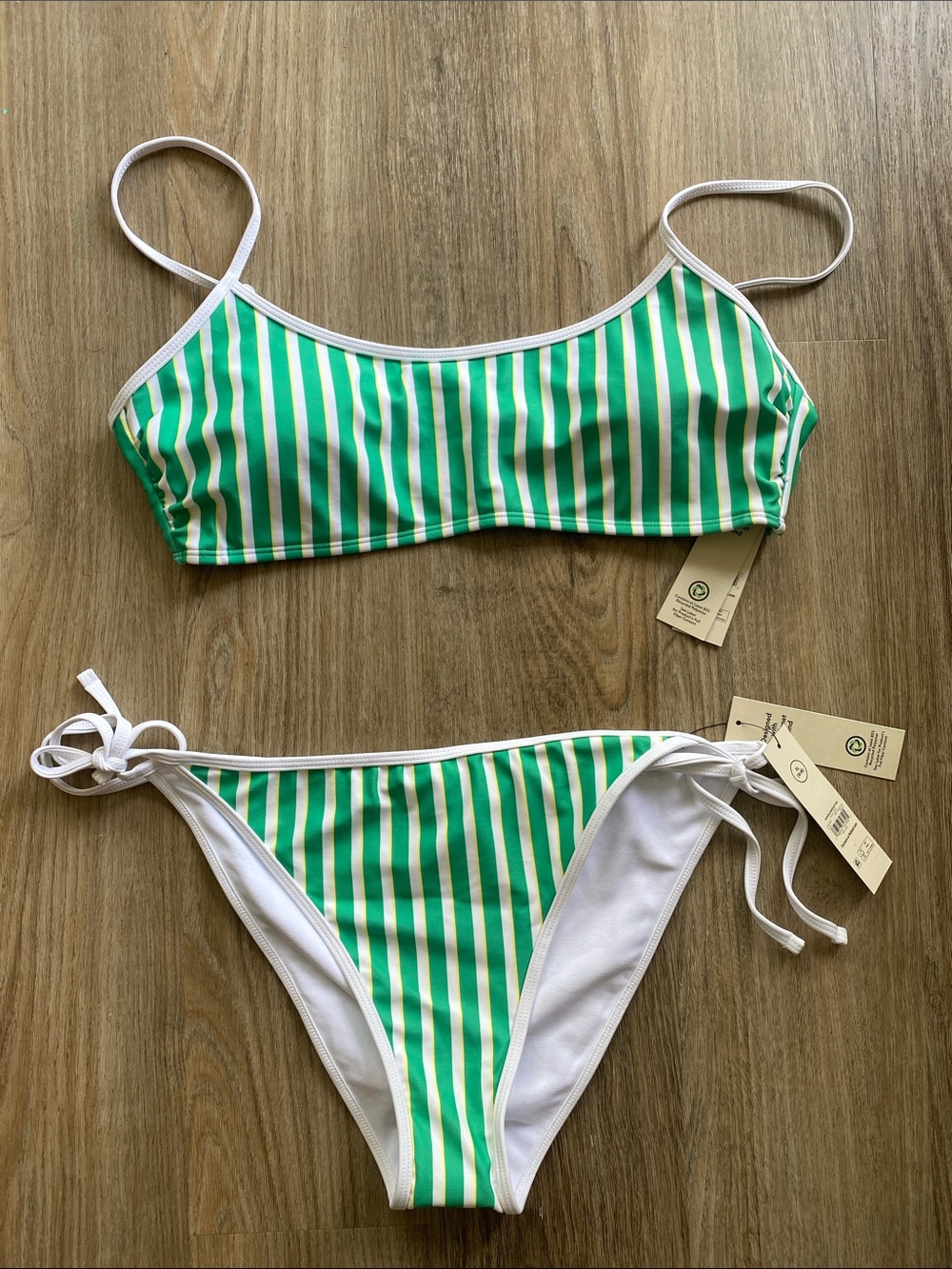 No Boundaries Green & White Striped Bikini Set - Scoop Top & Tie-Side Bottoms